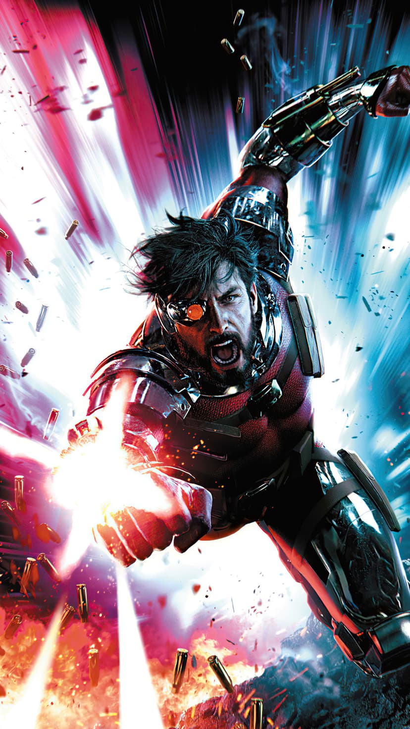 Deadshot aims his wrist gauntlet while surrounded by red and blue light streaks, sparks, and flying bullet casings.