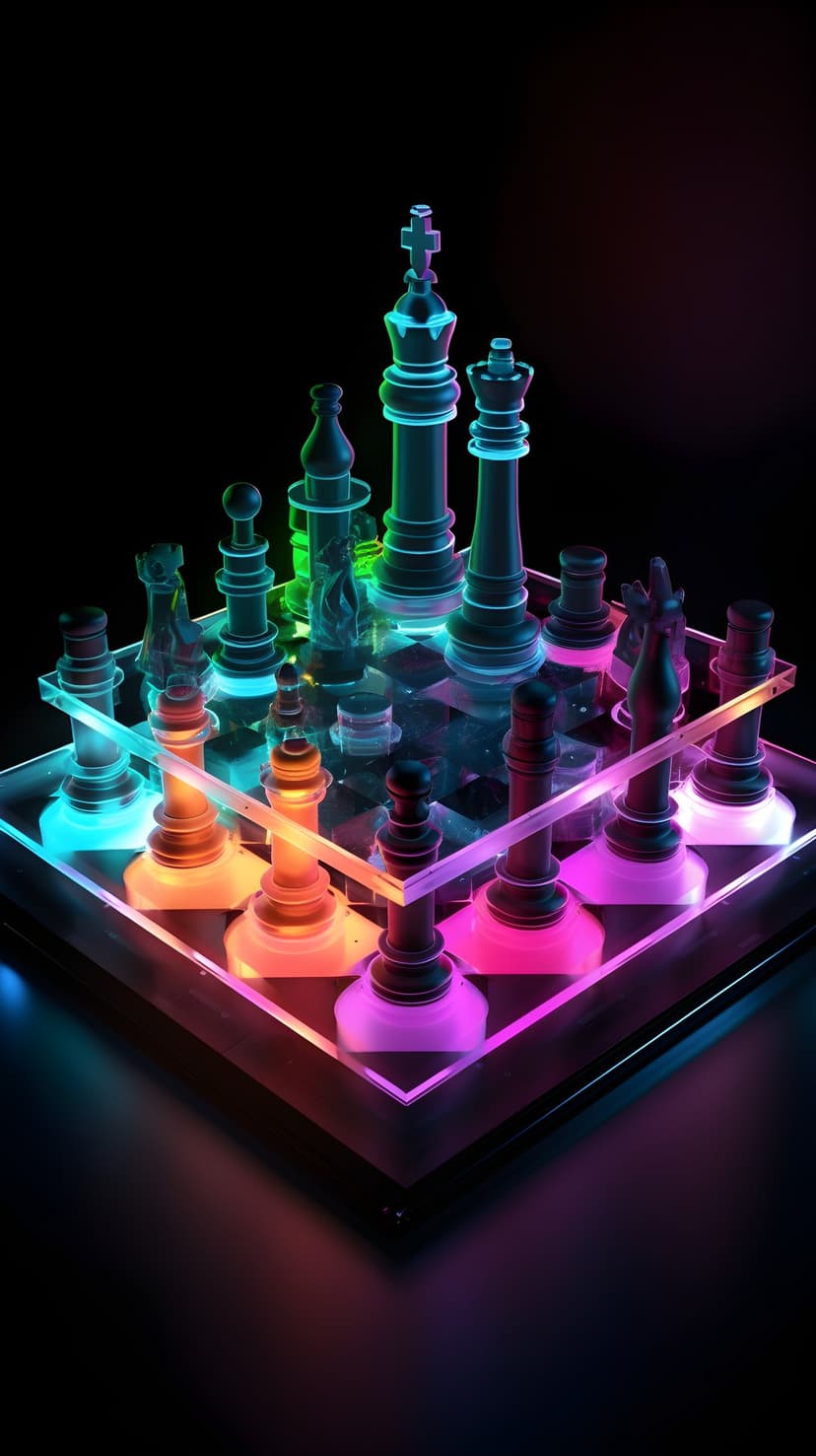 Glass chess pieces glowing with neon blue and pink light stand on a reflective board against a dark background.