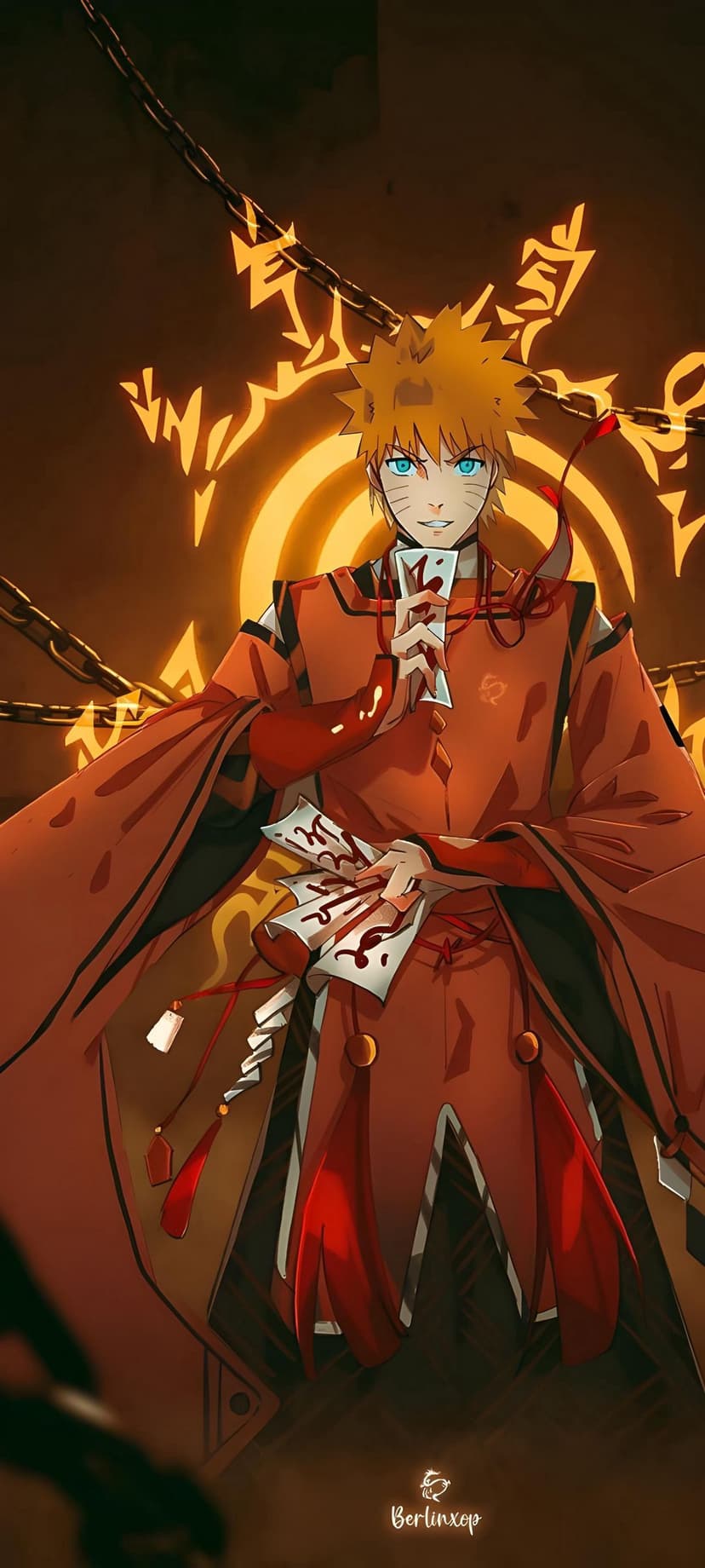 Naruto Uzumaki in red robes holding talismans against a glowing background with chains and golden circles.
