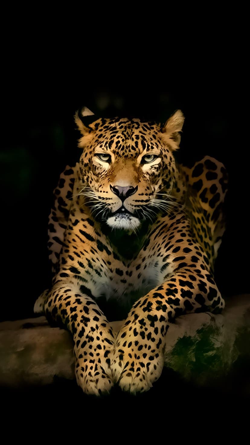 Leopard with golden fur rests on a tree branch against a black background, showing its intense yellow eyes.