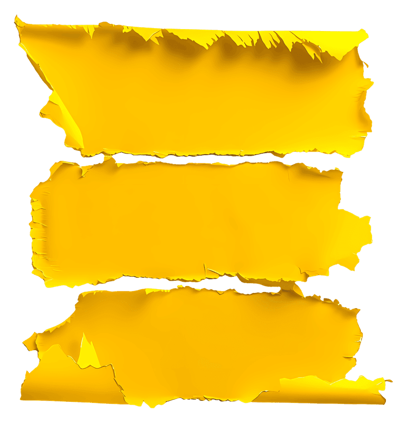 Yellow ripped paper scrap featuring jagged fibrous edges and realistic matte texture over transparency.
