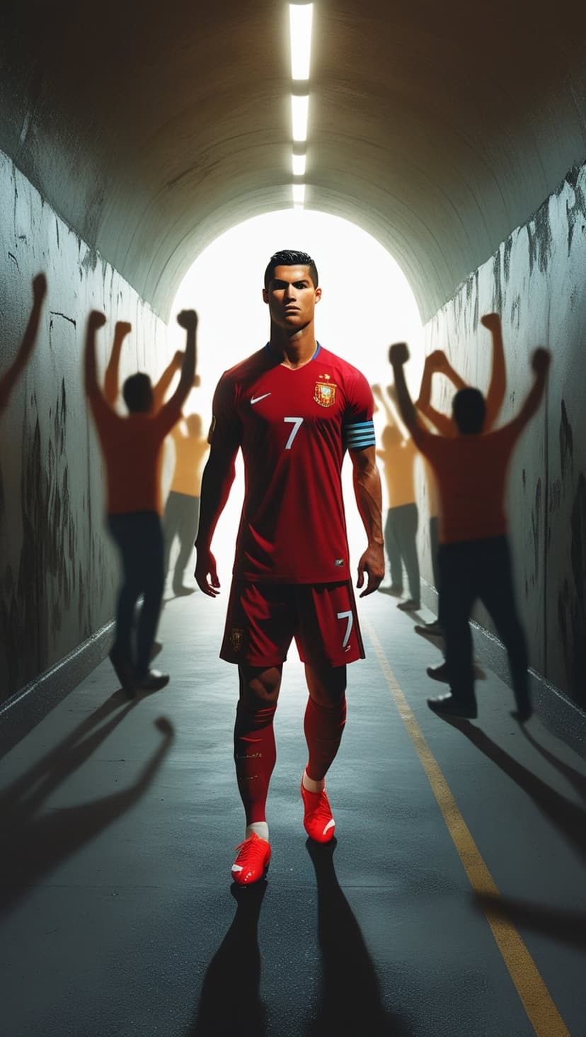 Cristiano Ronaldo in a red number seven jersey walks through a dark tunnel toward cheering fans in a stadium.