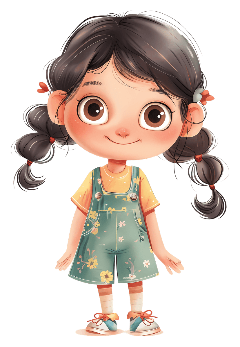 Girl character illustration with brunette pigtails wearing a yellow dress against a transparent background.