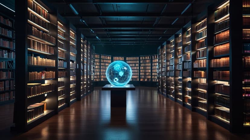 Luminous blue data orb floating in the center of a tall futuristic library with warm glowing bookshelves.