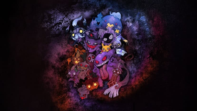 A sinister group of Ghost Pokemon including Gengar and Mimikyu against a dark purple cosmic background.