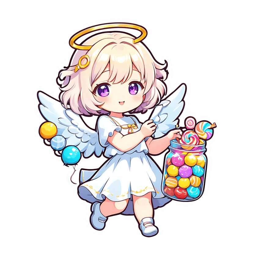Chibi angel sticker holding a candy jar and floating balloons featuring white wings and a golden halo.