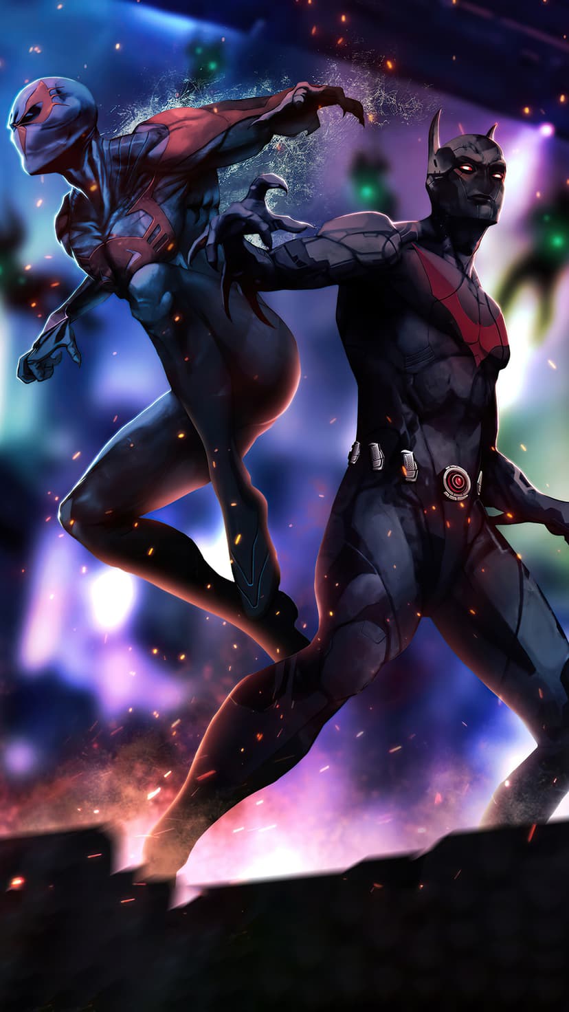 Spider-Man 2099 with talons extended beside Batman Beyond in a glowing blue and purple futuristic city.