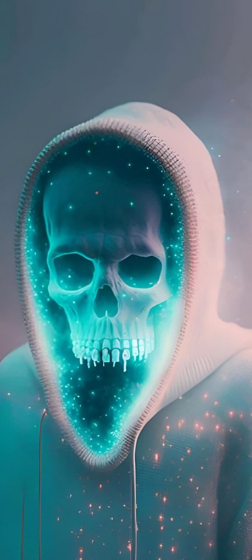 Glowing turquoise skull inside a white hoodie hood surrounded by small blue sparkles on a gray background.