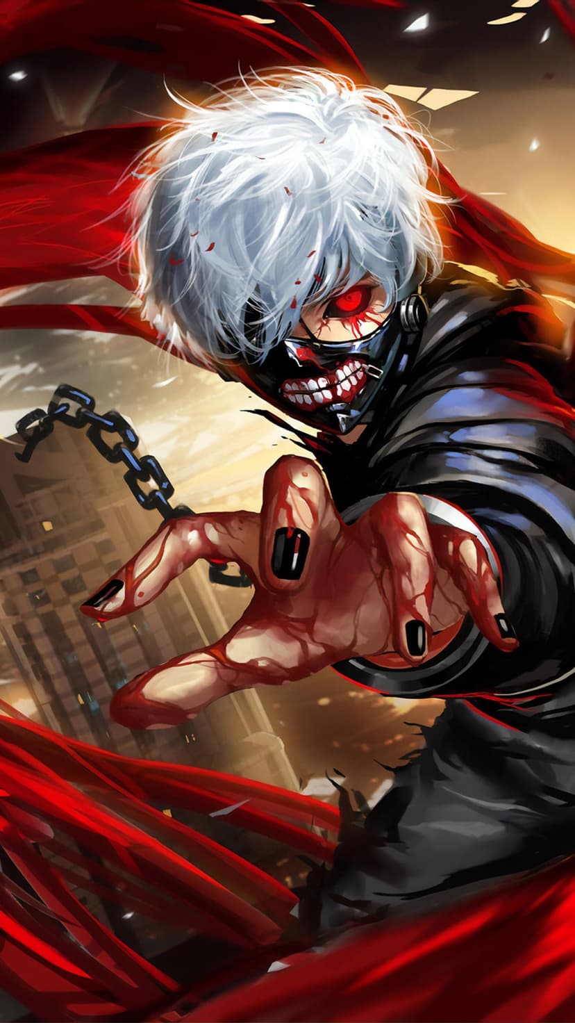 Ken Kaneki with white hair and a leather mask reveals a sinister smile and a glowing red eye against red kagune.