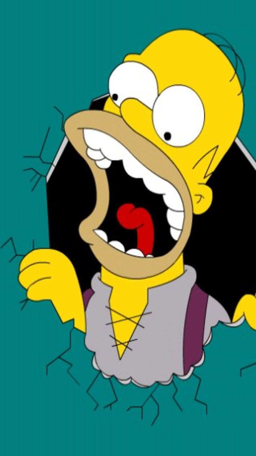 Homer Simpson screams with wide eyes and tongue out while breaking through a teal wall wearing a medieval tunic.