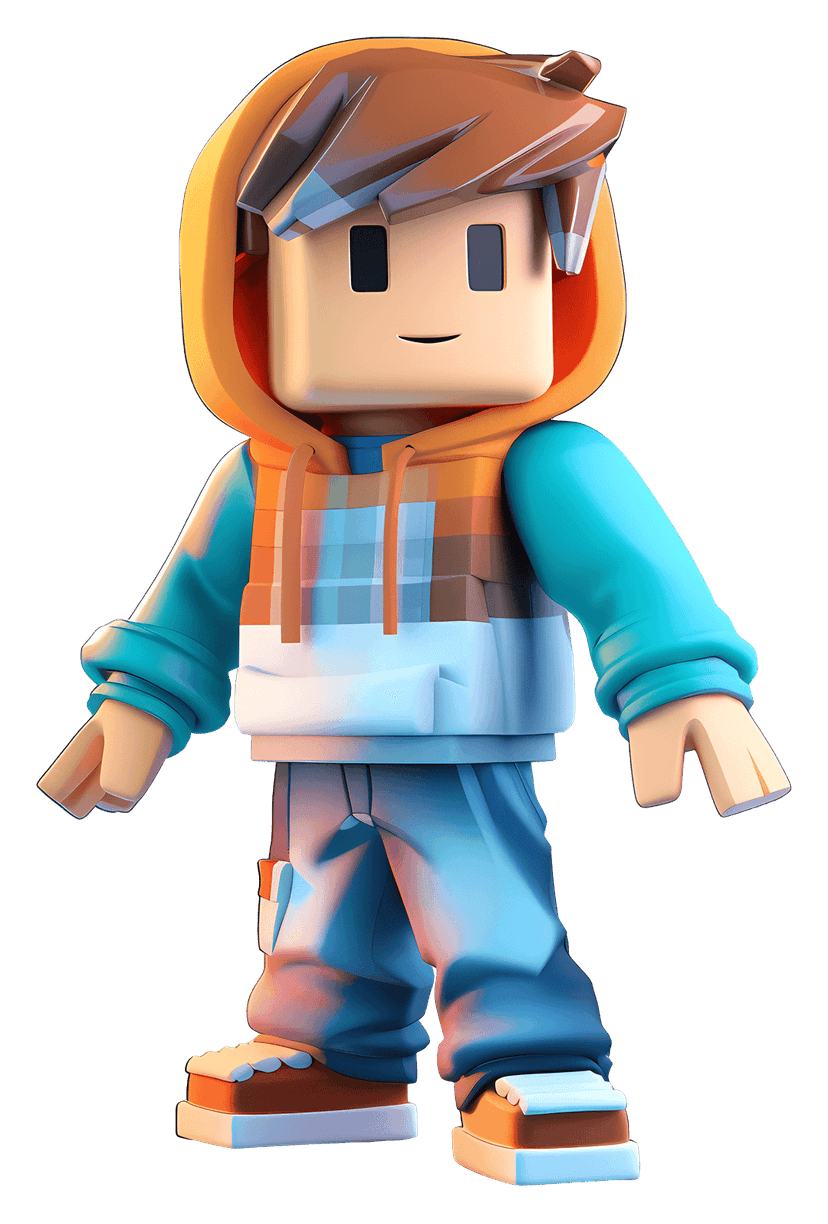 3D character hoodie wearing boy stands in frontal pose with blocky limbs and vibrant blue matte finish.