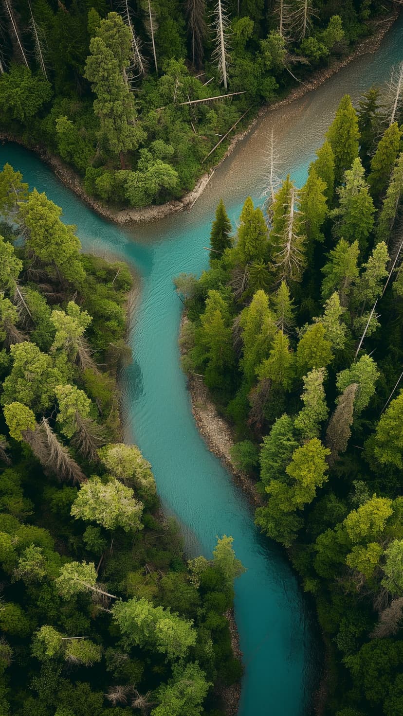 Teal waterway meandering through a lush green forest canopy captured from a high-angle aerial perspective.