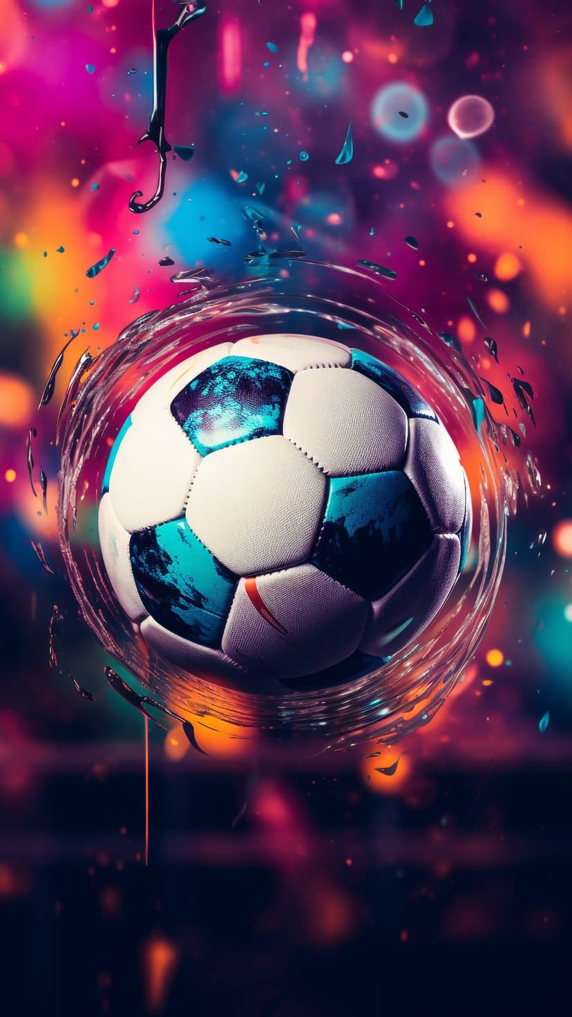 Soccer ball with blue panels creates a liquid splash against a backdrop of glowing pink and orange bokeh lights.