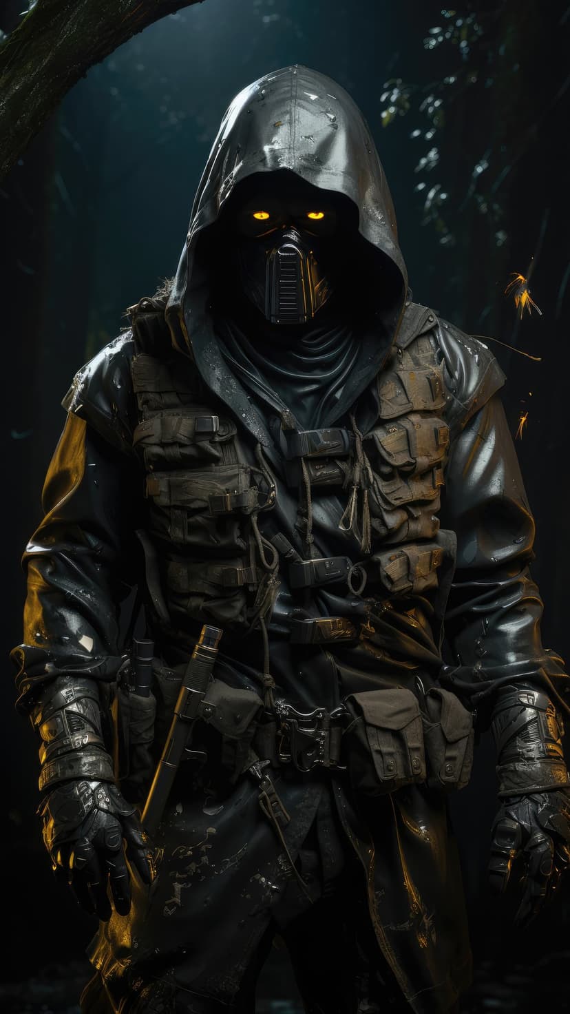 Hooded warrior wearing a gas mask with glowing yellow eyes stands in a dark forest wearing tactical combat gear.