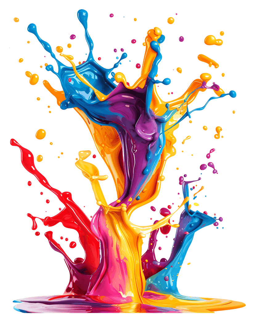 Multicolor paint splash featuring vibrant liquid droplets and glossy pigments exploding outward in high speed.