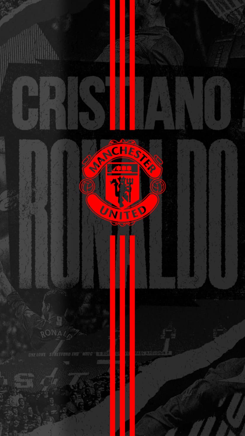 Cristiano Ronaldo name in gray text above a red Manchester United crest with blurred stadium crowds behind him.