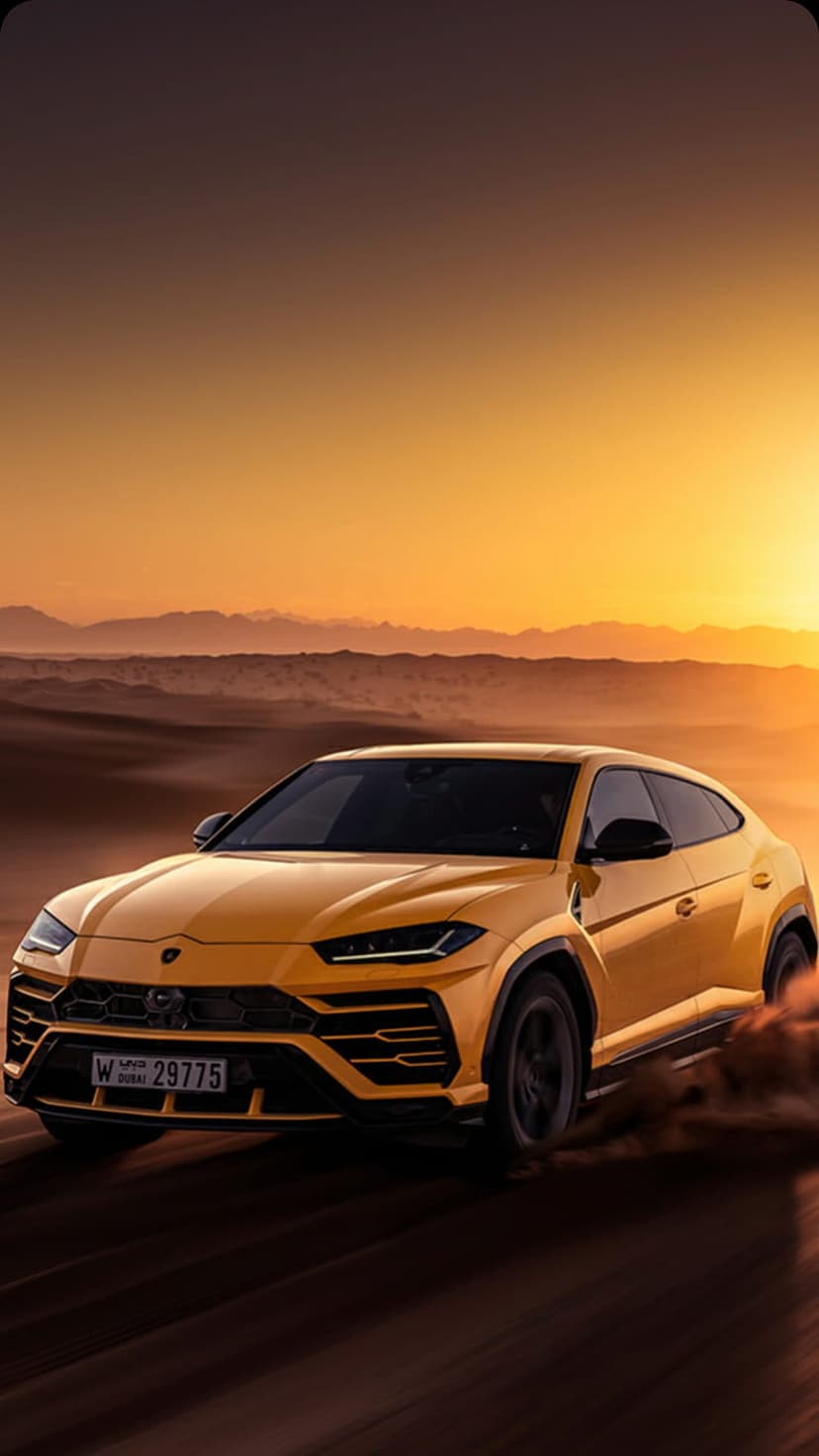 Yellow Lamborghini Urus kicks up dust on sand dunes under a golden sunset sky in a vertical landscape view.