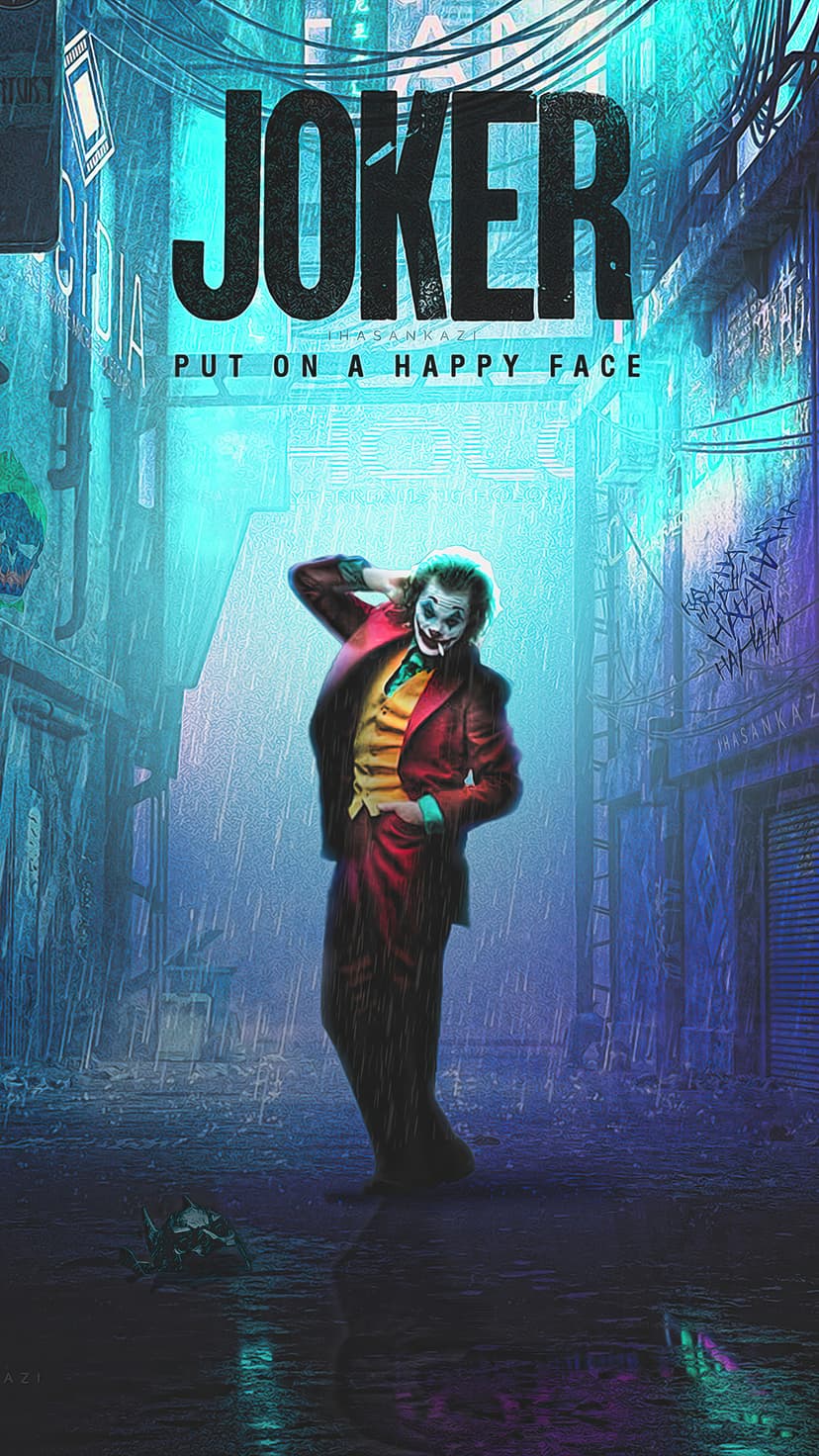 Arthur Fleck as Joker in a red suit stands in a dark rainy alleyway with neon signs and urban graffiti.