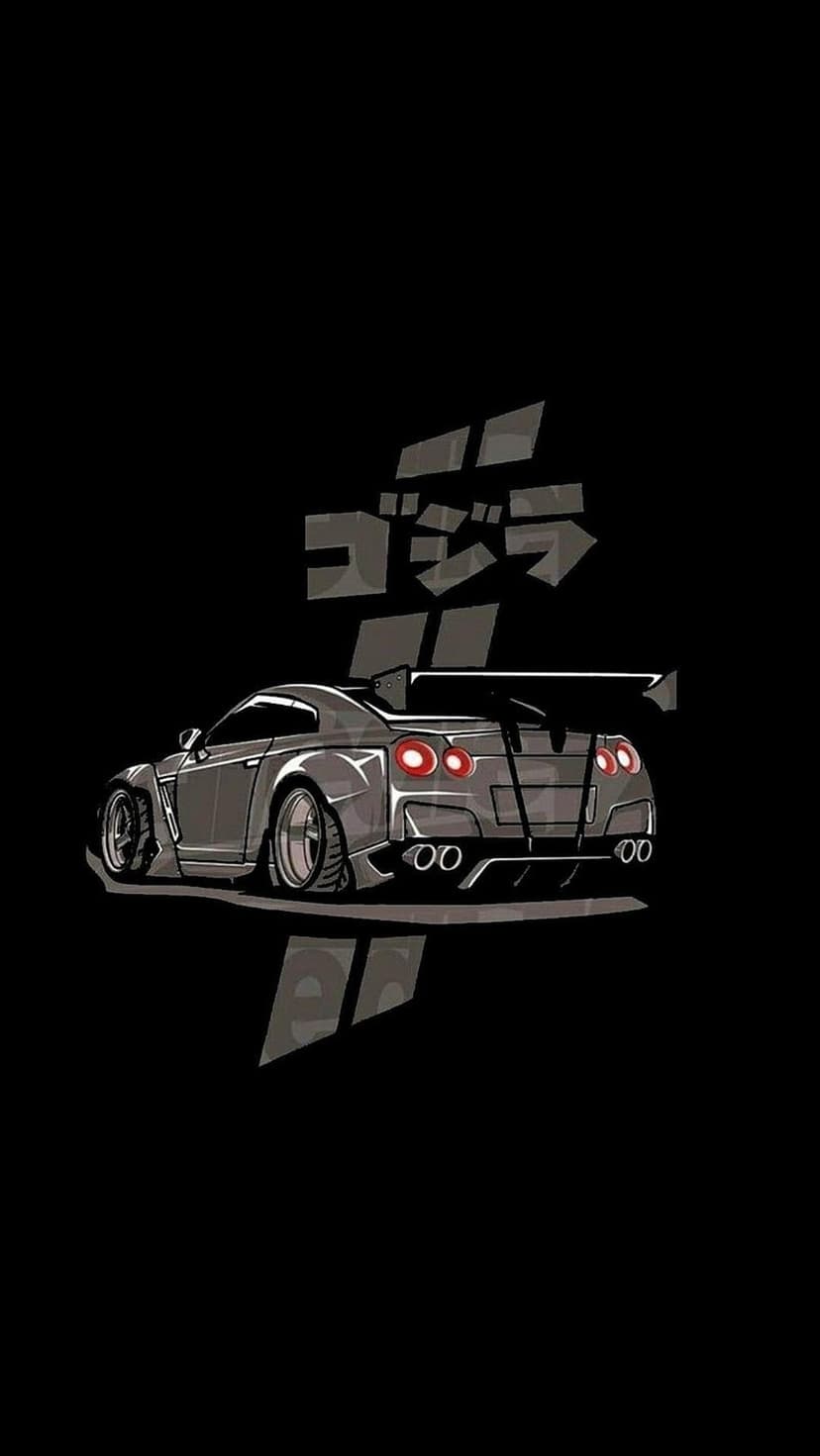 Nissan GT-R silhouette with a large rear wing and round taillights glows against a solid black background.