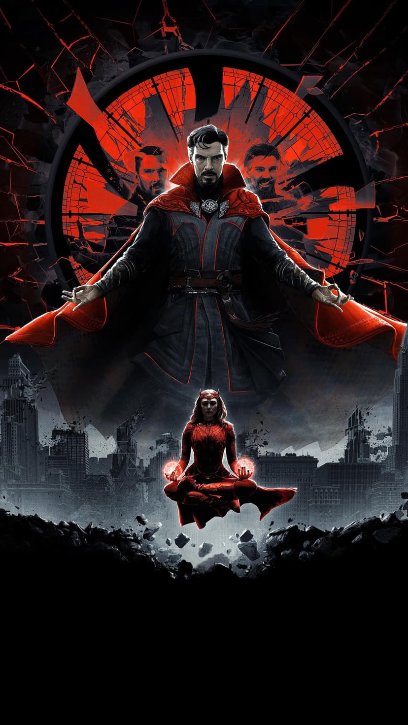Doctor Strange stands with arms wide above a floating Scarlet Witch against a shattered red clock and city ruins.