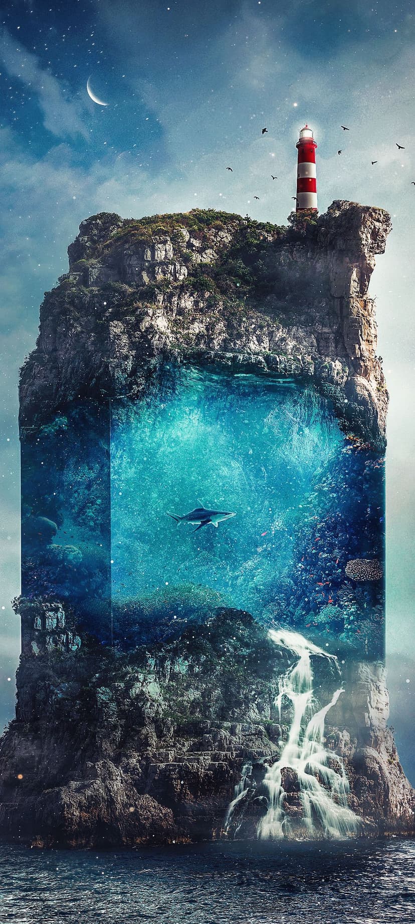 Red and white lighthouse on a rocky islet above a shark swimming through blue water and colorful coral reefs.