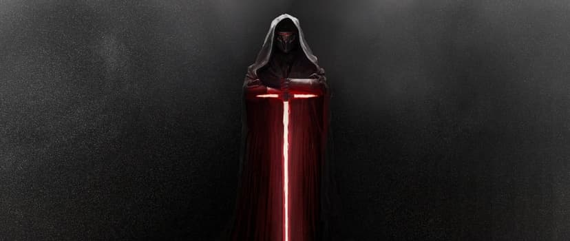 Hooded masked figure holding a glowing red crossguard lightsaber in a dark environment with white particles.
