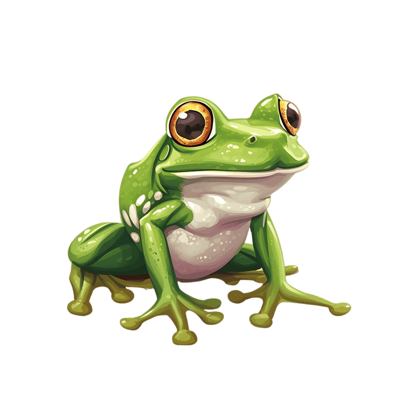 Green frog character with large orange eyes and glossy skin sits in a front-facing pose with webbed feet visible.