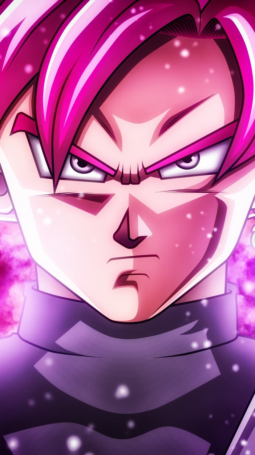Goku Black stares intensely with fuchsia hair and grey eyes against a shimmering purple and black background.
