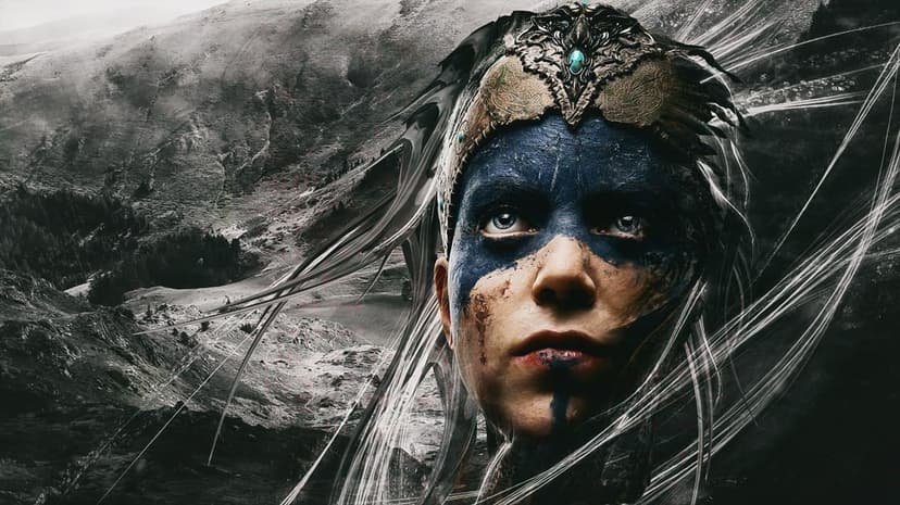 Senua with blue face paint and an ornate headpiece against a desaturated mountain landscape background.