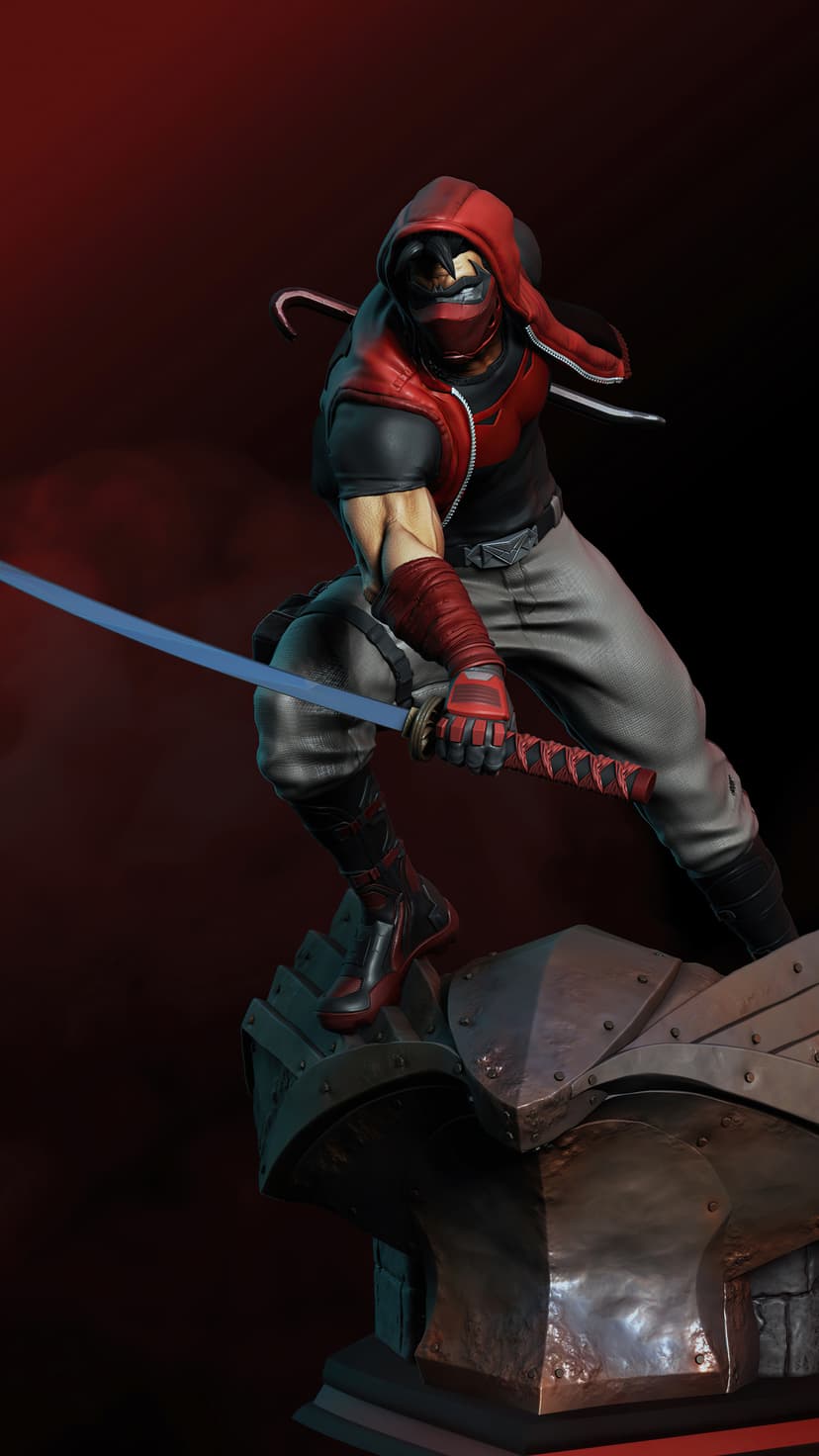 Red Hood statue wearing a red mask, holding a glowing blue katana while standing on a battle-worn armor base.
