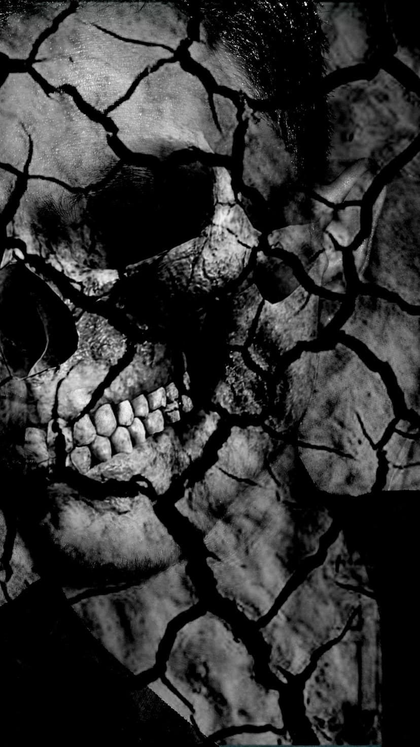 Weathered human skull with deep cracks and high-contrast shadows against a dark, textured monochrome background.