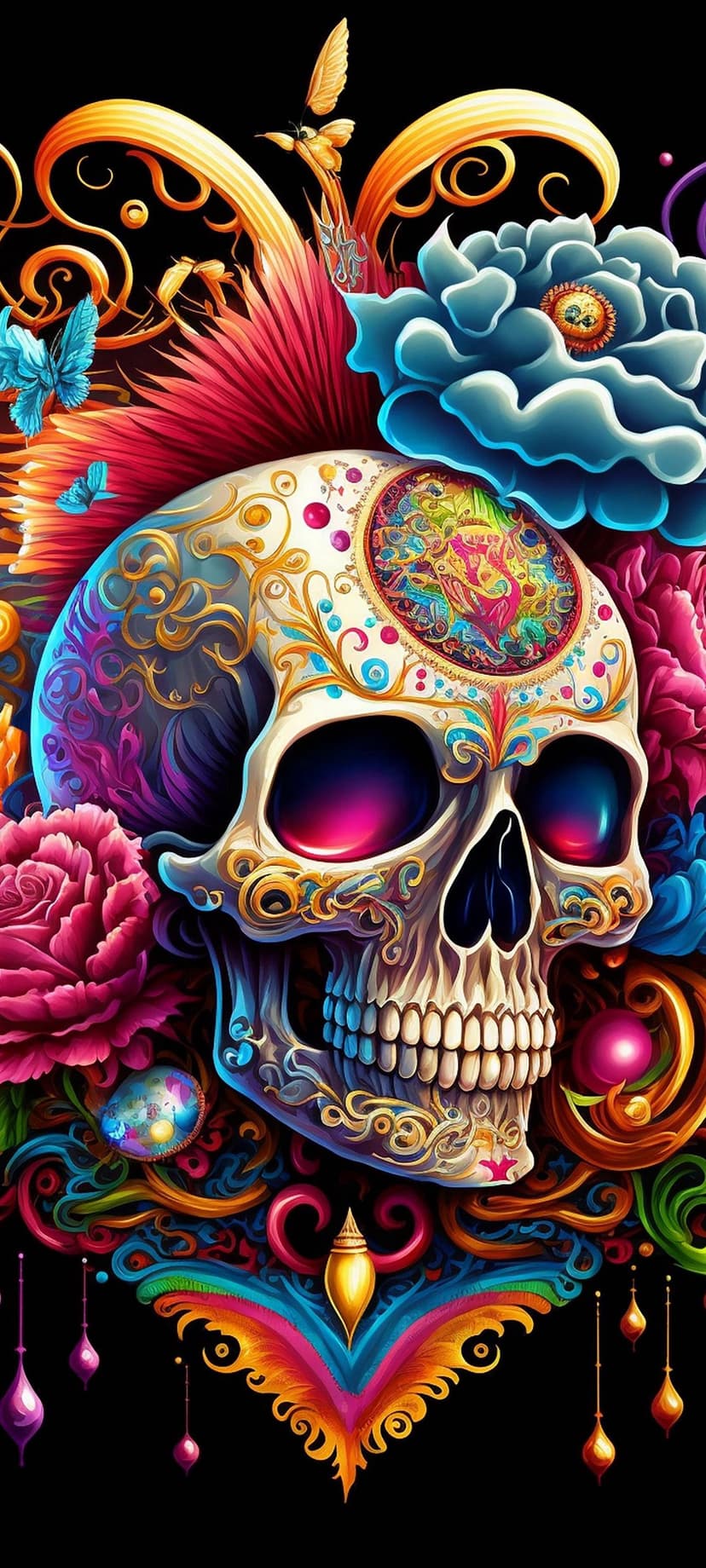 Ornate sugar skull decorated with pink flowers, blue butterflies, and gold swirls on a black background.
