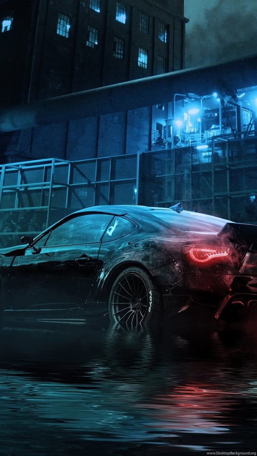 Black sports car parked on wet ground reflecting neon blue and red lights with red taillights and rising steam.