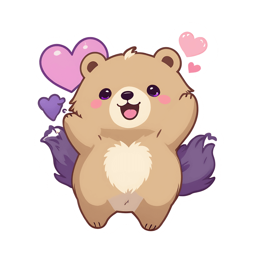 Tan bear sticker features glossy purple eyes, pink cheek blush, and floating hearts with a white outline.