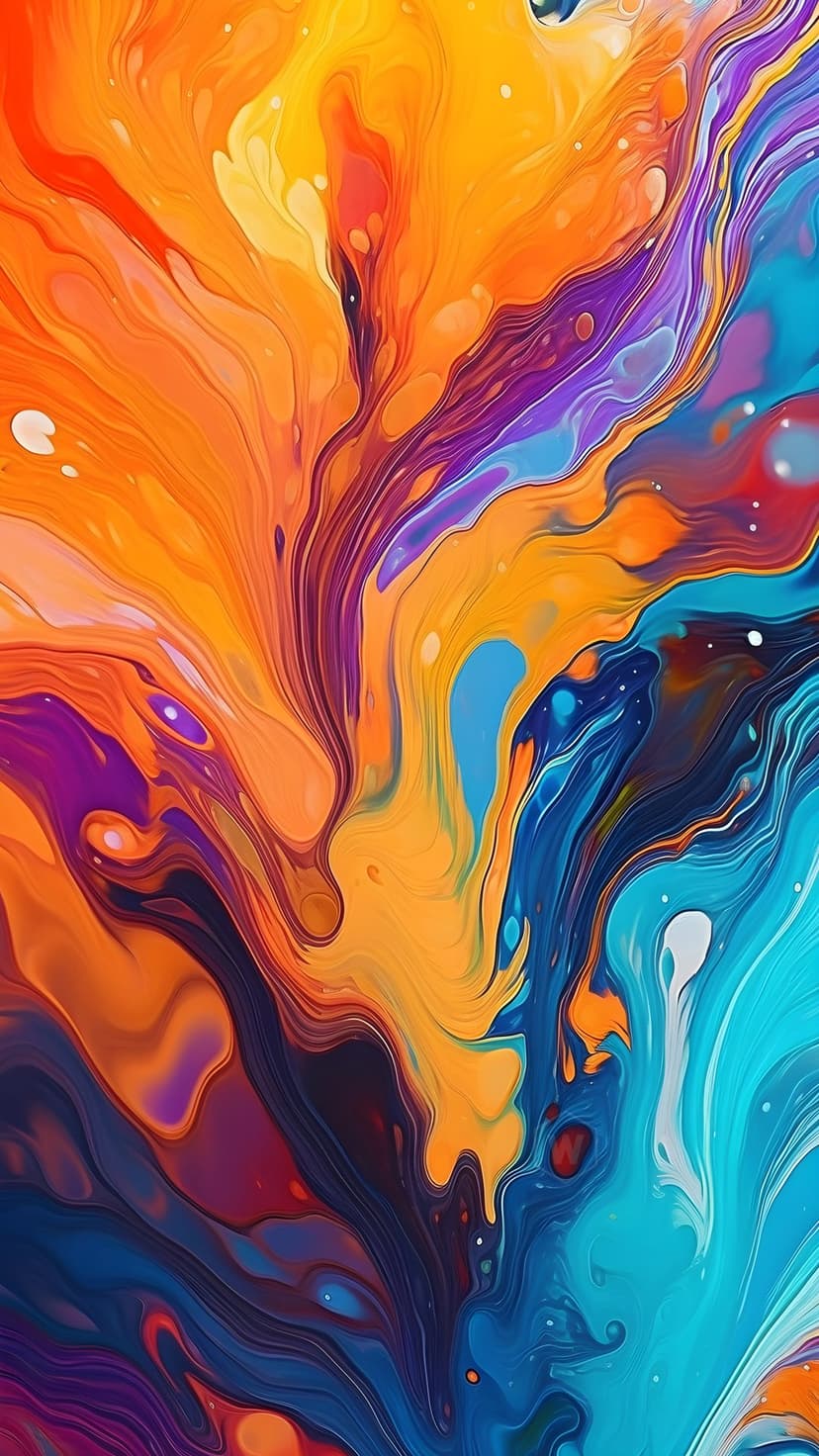 Swirling orange, blue, and purple liquid patterns intertwine in a vertical composition with high-contrast fluid curves.