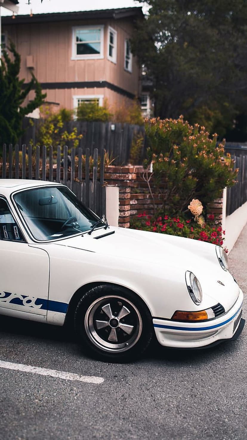 White Porsche 911 Carrera with blue stripes parked on a residential street beside a wooden fence and green bushes.