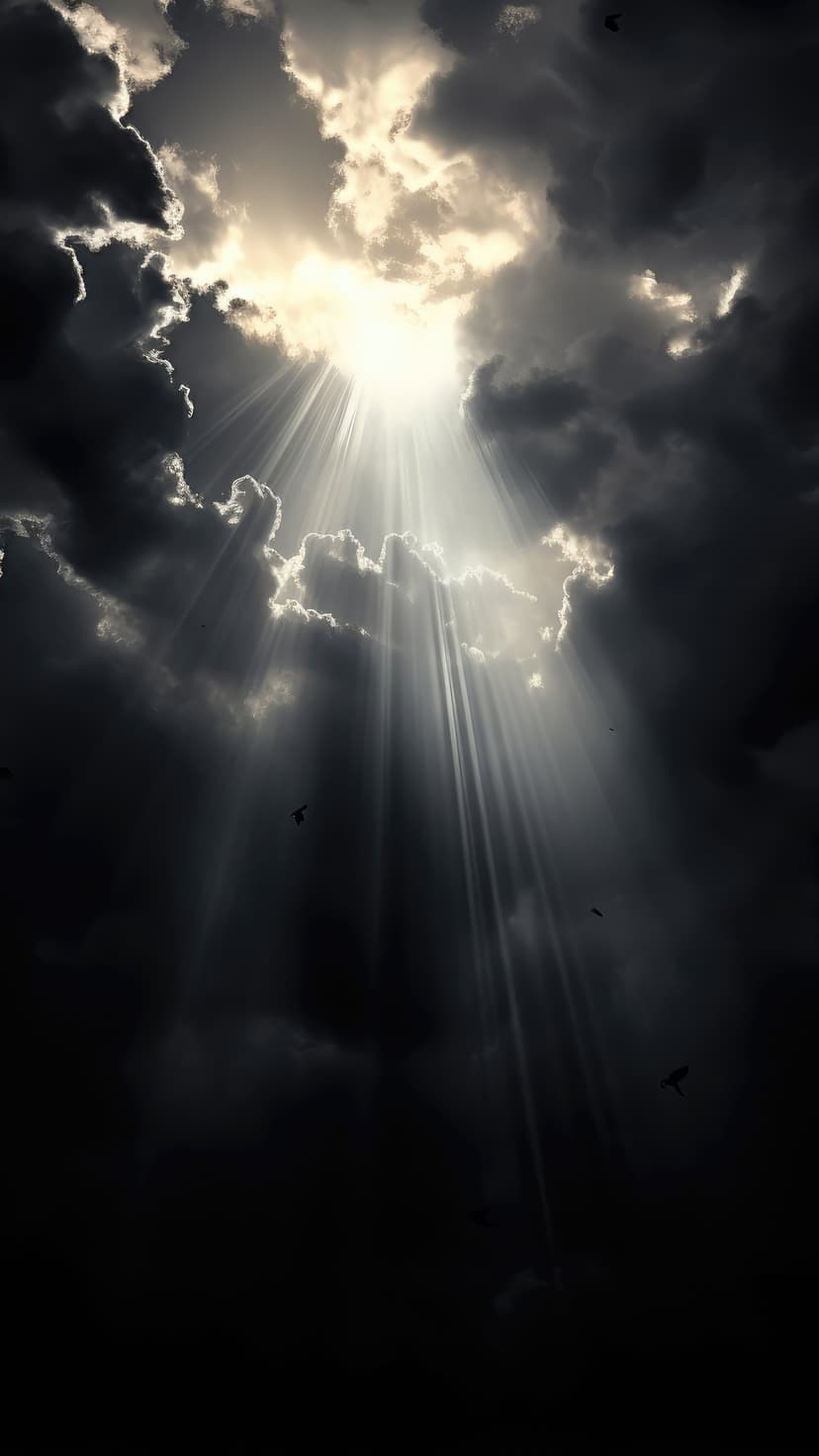 Bright sunbeams break through dark ominous clouds while several small birds soar across a high-contrast sky.