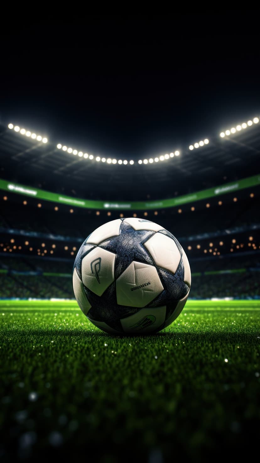 Soccer ball rests on textured green grass under bright stadium floodlights at night with bokeh background.