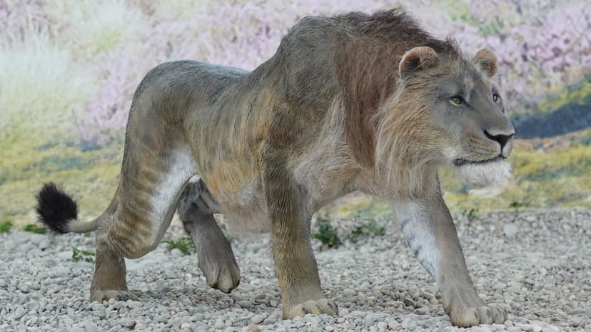 Muscular lion with a thick mane walks across a rocky grey surface with an intense and focused expression.