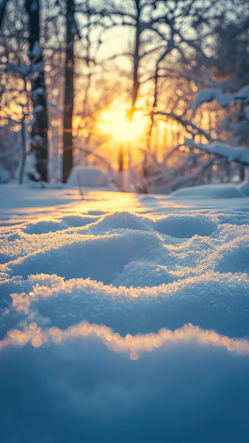 Sunbeams shine through heavy snow on evergreen branches, illuminating a white frosted ground during golden hour.