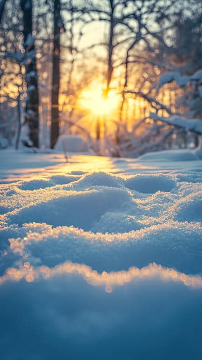 Golden Hour Sunlight Through Snow-Covered Trees