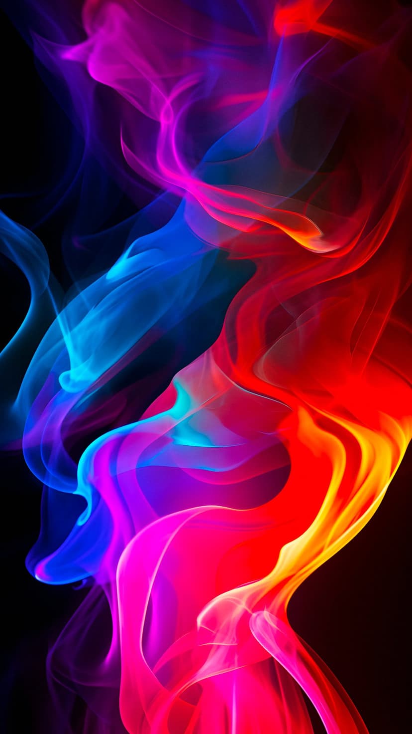 Fuchsia and cobalt smoke swirls intertwine against a black background with soft glowing light and fluid motion.