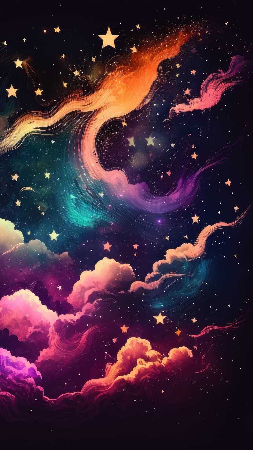 Swirling pink and teal nebulae surround clusters of golden stars against a dark, vertical cosmic background.