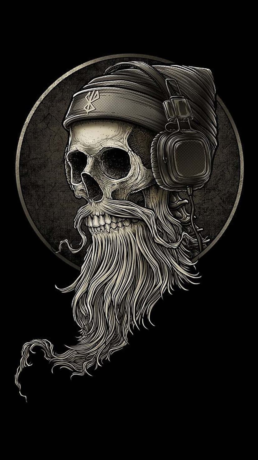 Bearded skeleton wearing headphones and a beanie inside a textured circle for a dark mobile screen background.