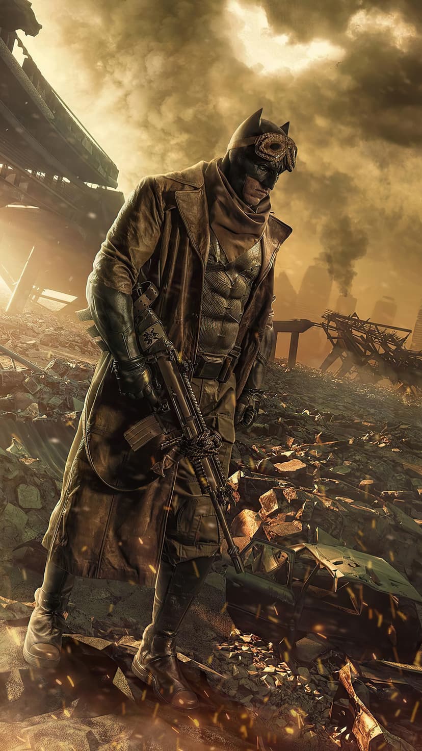 Batman in a brown trench coat holds a rifle while standing among smoking urban ruins and shattered buildings.