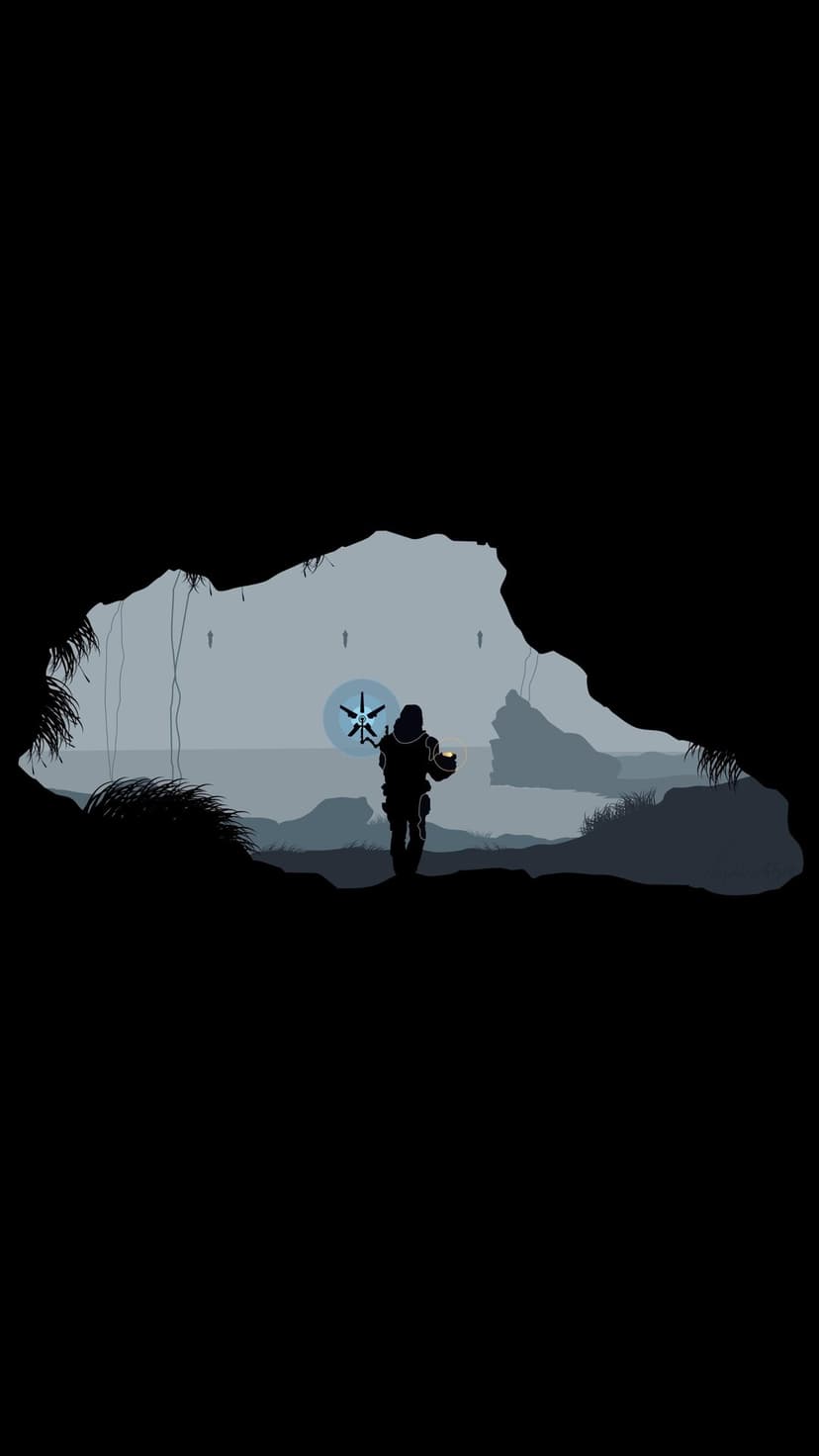 Silhouette of a traveler in a cave looking at a misty grey landscape with a glowing orange pod and blue scanner.