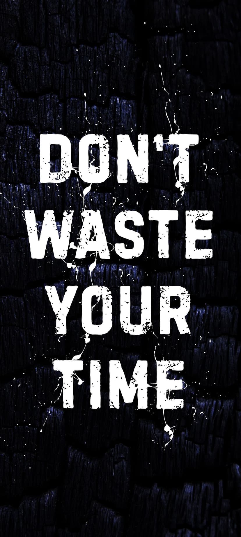 Bold white text saying Don't Waste Your Time sits on a dark charred wood background with white paint splatters.