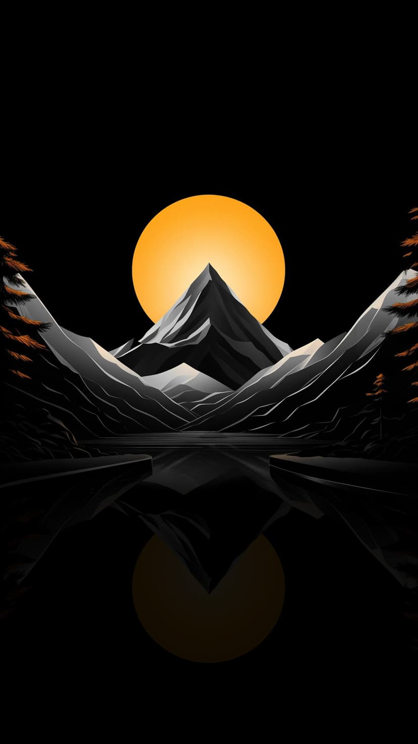 Snowy mountain peak silhouetted against a glowing orange sunset and reflected in a perfectly still dark lake.