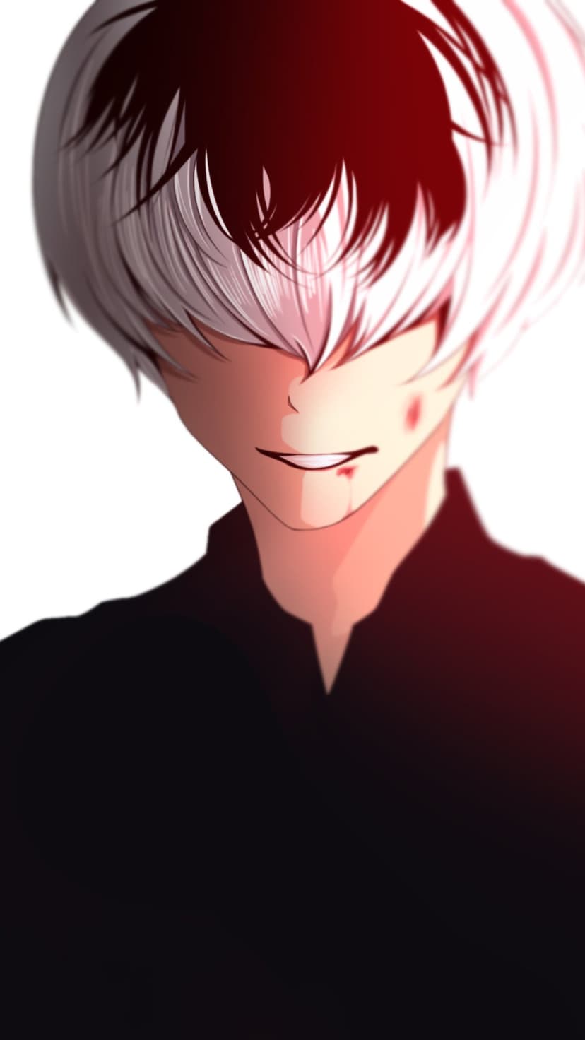 Ken Kaneki with half-white and half-black hair smiles while blood splatters his face under a red glow.