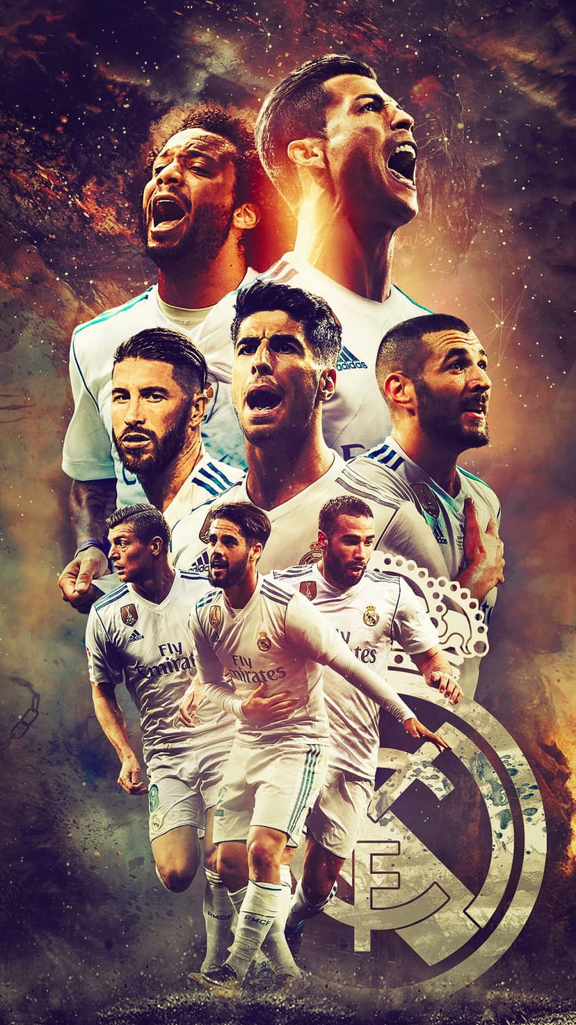 Cristiano Ronaldo and Real Madrid legends celebrate in a dynamic football montage for portrait displays.